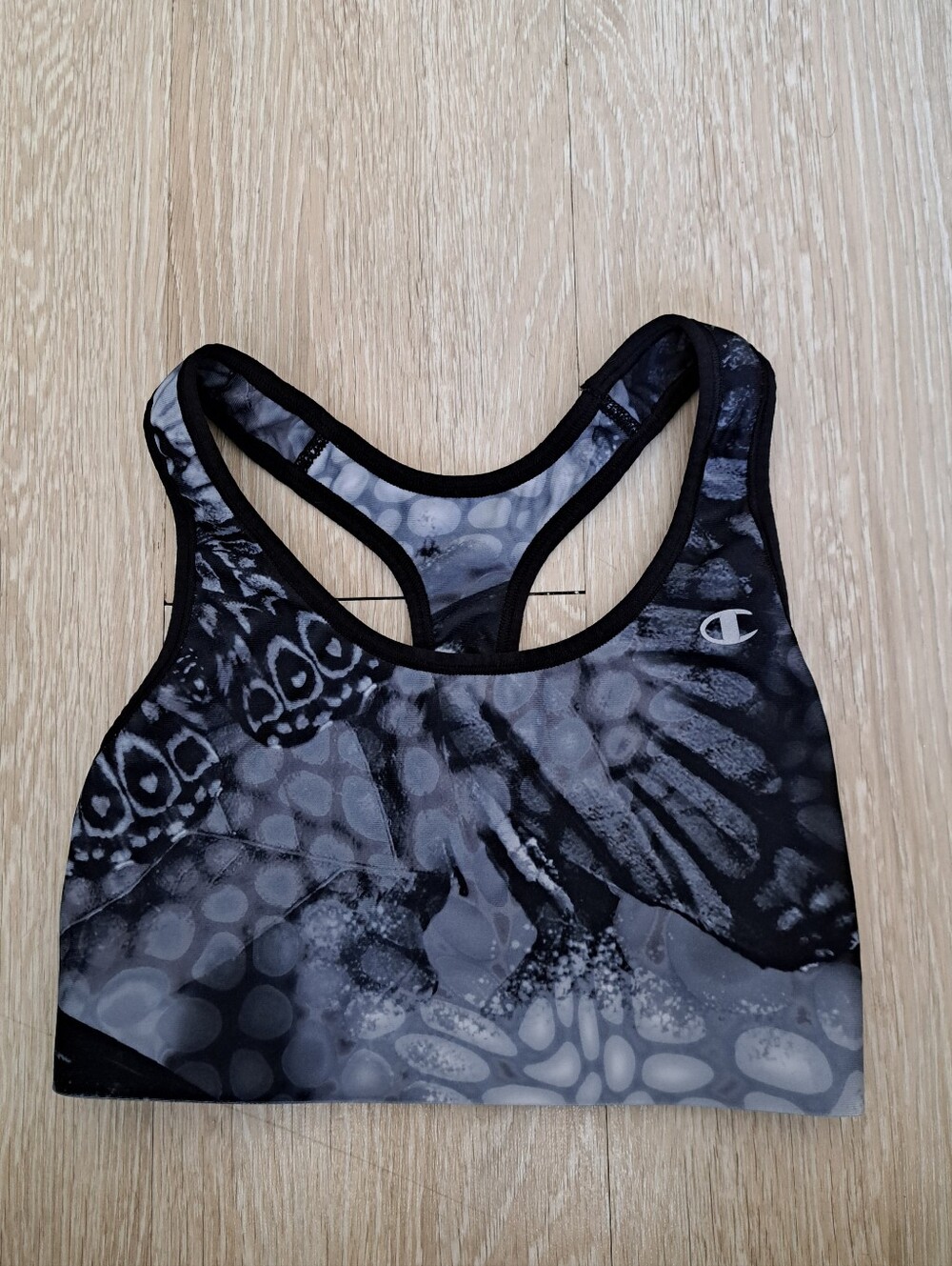 Champion Black & Gray Abstract Print Racerback Sports Bra Sz XS
